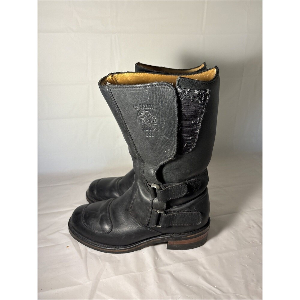 Chippewa 27862 Odessa Rally Biker Boots Black Leather 10 E Hook & Loop VINTAGE
